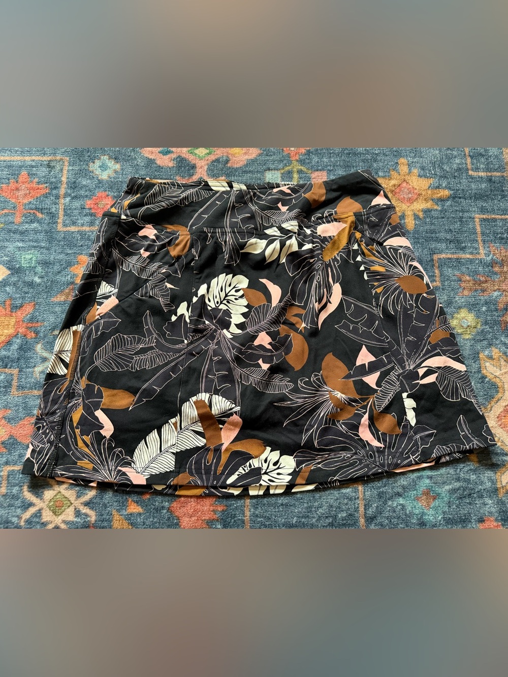 Title nine Black Tropical Leaf with Cream, Brown & Pink Accents